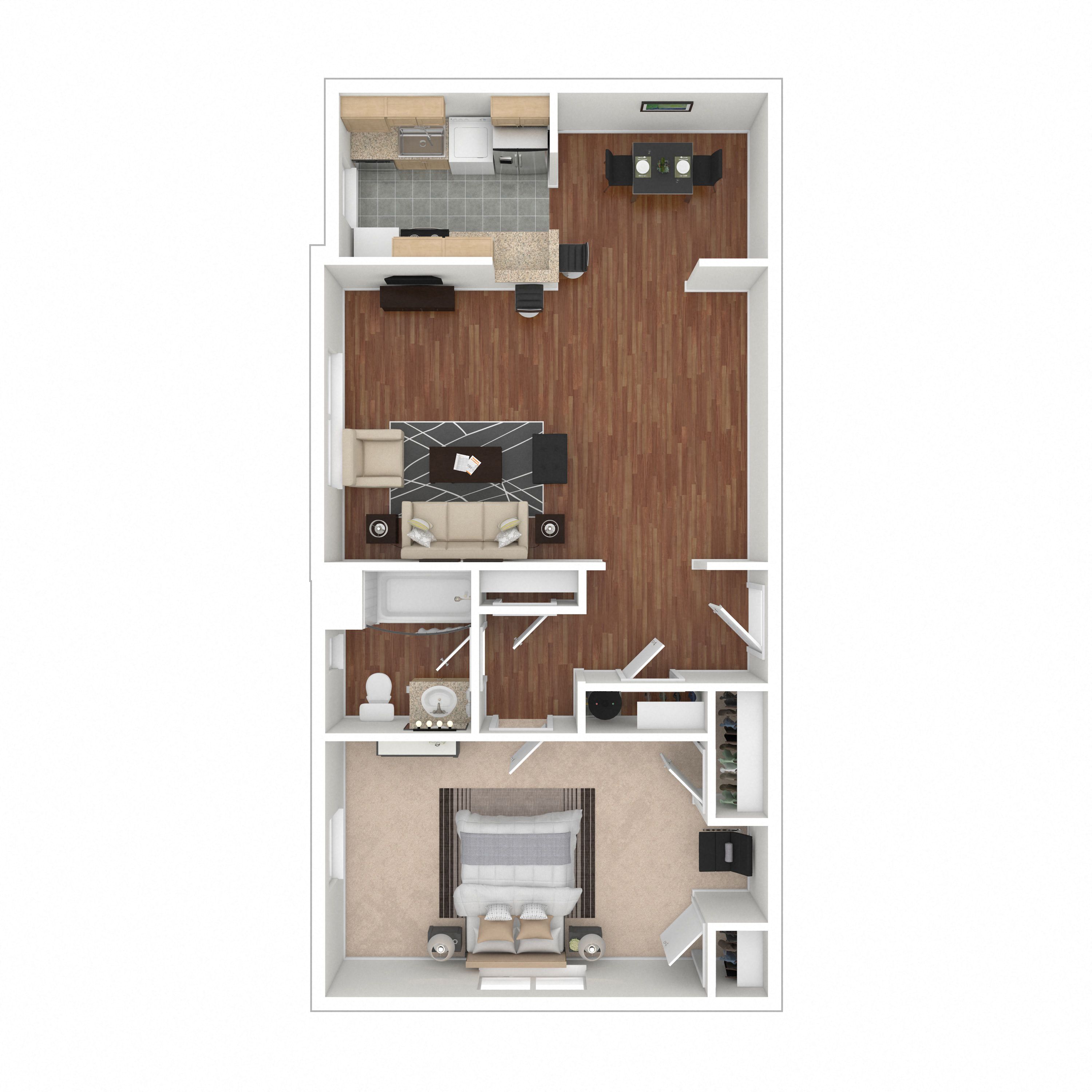 Floor plan for 1 bed, 1 bath, 700 sqft